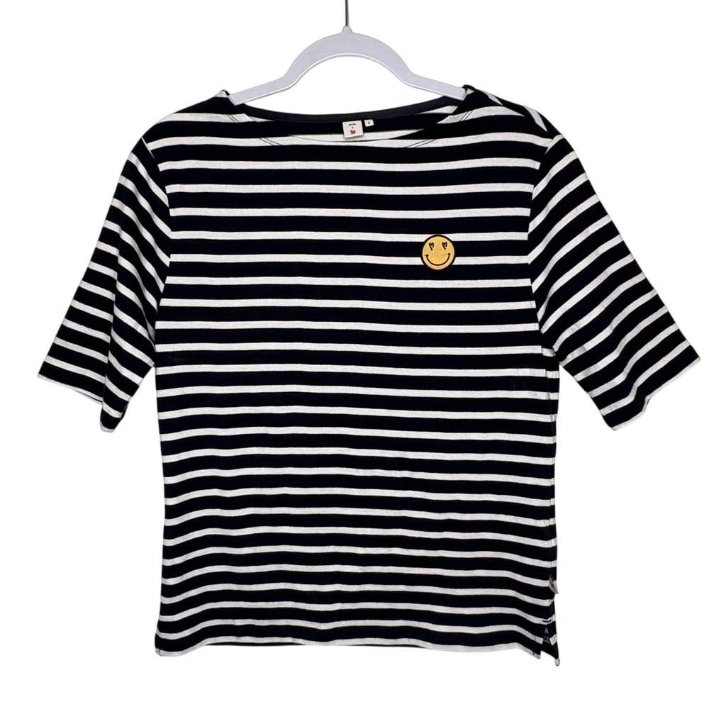 JAJU‎ & LOVE Navy White Striped Heart Eye Smiley Face T-Shirt Small Cotton